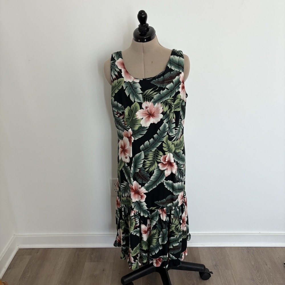 Aloha Hut Hawaii Womens Dress Medium Black Green Pink Floral Sleeveless Tropical